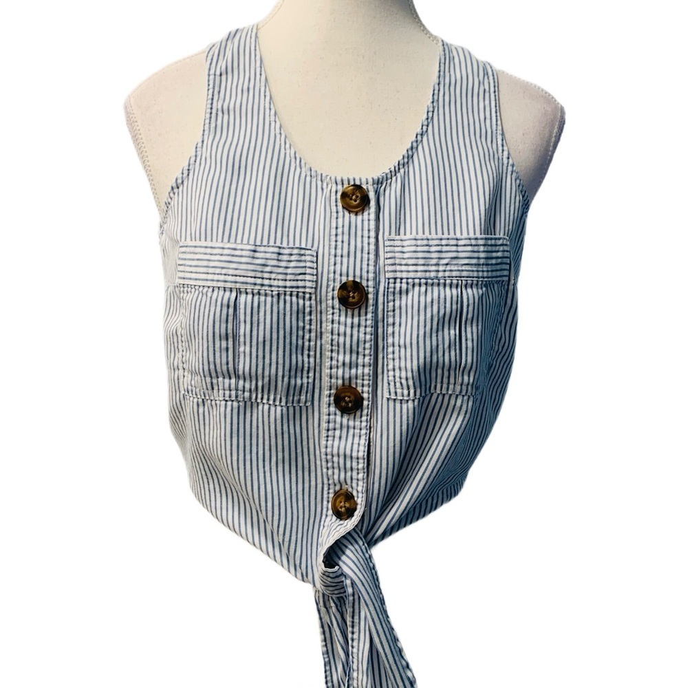 Dex Blue and White Pin Stripe Striped Sleeveless Crop Top with Tie Size XS - Picture 3 of 7